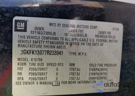 2007 GMC Yukon Commercial Fleet из США, поврежденный, VIN 1GKFK13077R233941